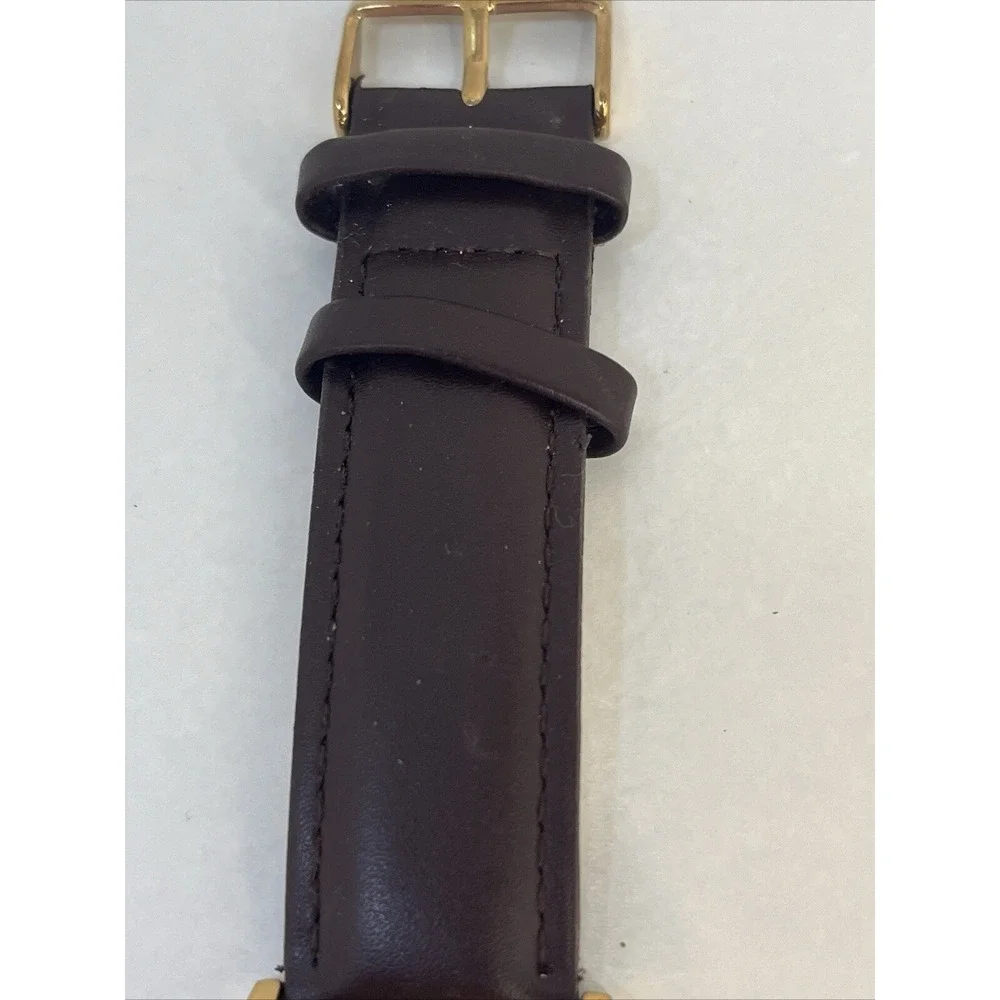 DIBI Men's White Round Dial Rose Gold Tone Brown Faux Leather Watch- New Battery